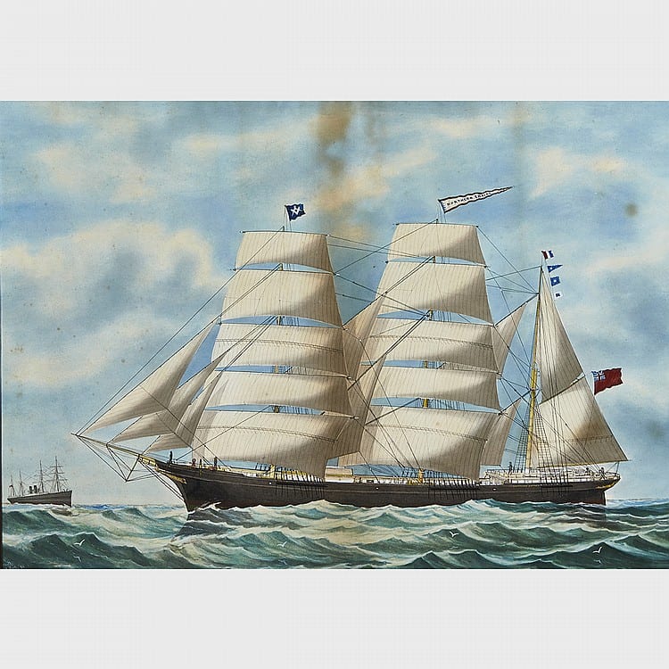 Edward John Russell comparable auction result: edward john russell 1832 1906 barque northern empire of windsor n s wooden class 3 3 1 1 949 tons no guns sheet 26 x 39 66 x 99 1 cm