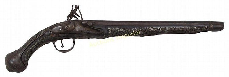 Black flintlock pistol with a long barrel, curved grip, and trigger guard shown in side view.