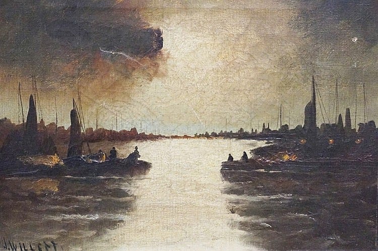 JACQUES WILLETT (1882-1958, RUSSIAN FEDERATION/NEW YORK) OIL ON CANVAS PAINTING OF BOATS IN A HARBOR. SIGNED LOWER LEFT *J. WILLETT*. 11 3/4 X 8 3/4 INCHES. HAS A SMALL TEAR & A SMALL HOLE. sold by Dennis Auction Service, lot 1015 — auction record photograph
