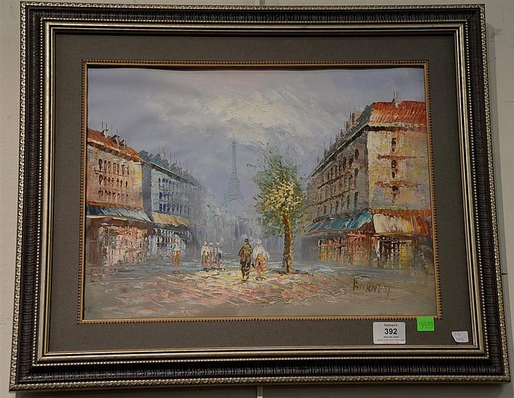 Caroline C. Burnett (19/20th century) Paris Streets oil on canvas signed lower right Burnett.R16" x 20" sold by Nadeau's Auction Gallery, lot 392 — auction record photograph