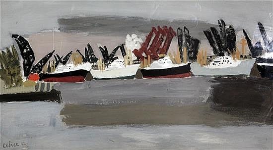 Pierre Célice comparable auction result: pierre c lice 1932 trawlers in harbour 10 5 x 19in
