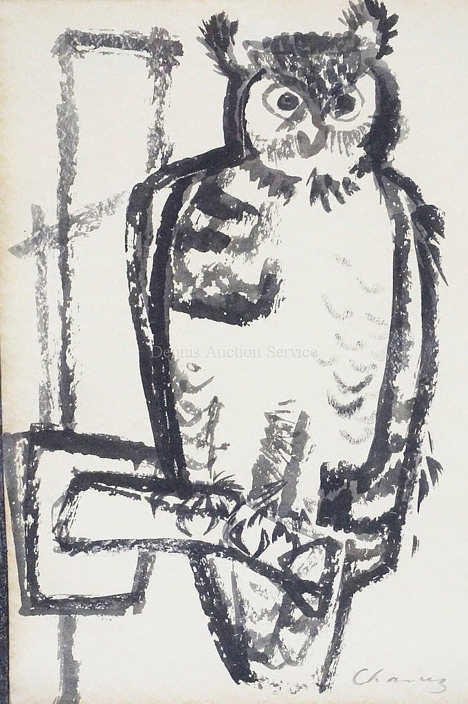 edward arcenio chavez 1917 1995 brush ink drawing titled the owl 1950 with an associated american artists gallery label on verso 10 1 2 x 14 1 4 inches · Dennis Auction Service · 2015-02-20 Edward Arcenio Chavez comparable auction result: edward arcenio chavez 1917 1995 brush ink drawing titled the owl 1950 with an associated american artists gallery label on verso 10 1 2 x 14 1 4 inches