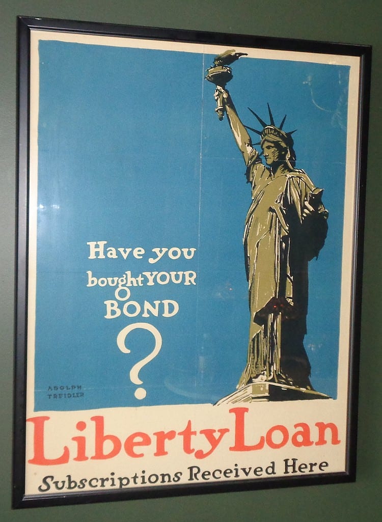 Framed Liberty Loan war bonds poster featuring a statue of liberty holding a torch and the text “Have you bought YOUR BOND?”