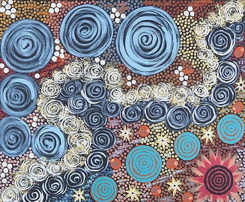 Aboriginal-style dot and swirl artwork with overlapping blue spirals, star shapes, and small colored dots on a dark background.