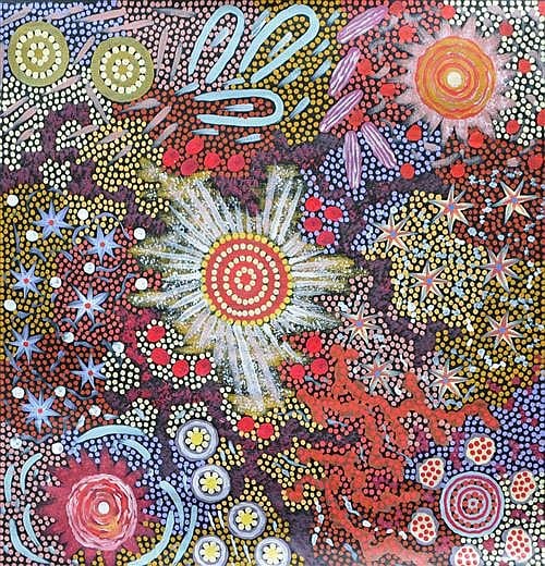 Colorful Aboriginal-style dot painting with concentric circle symbols, star shapes, and patterned fields on a dark background.