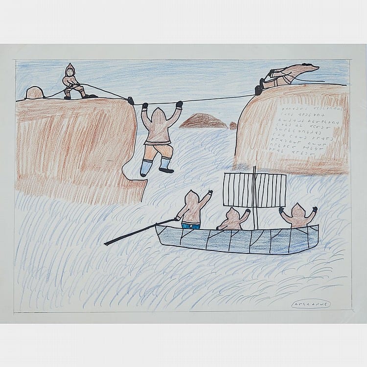 Elisapee Ishulutaq comparable auction result: elisapee ishulutaq 1925 untitled figures in boats and crossing floes coloured pencil and ink drawing unframed 20 x 25 75 50 8 x 65 4 cm