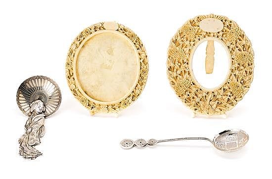 Two Chinese picture frames in carved ivory from Canton, and two small spoons: one Chinese for export, and a Japanese silver teaspoon, 1 sold by Balclis, lot 544 — auction record photograph
