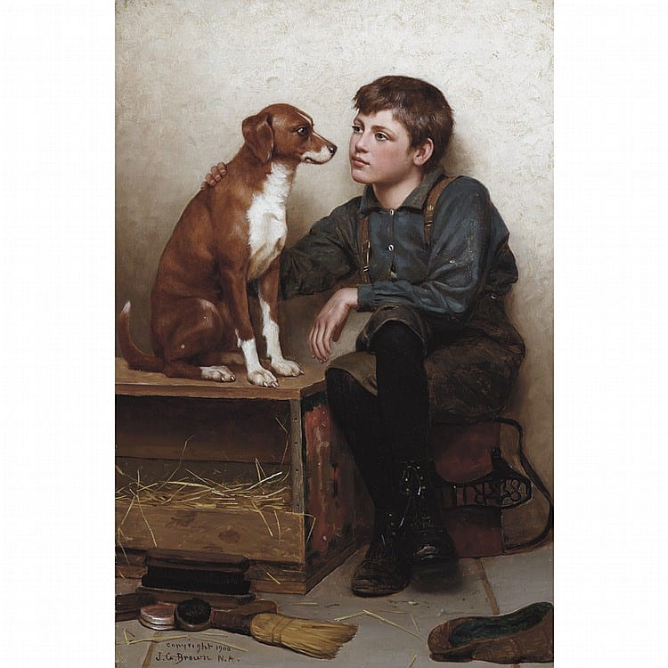 A young boy in dark clothes sits beside a shoeshine box as a brown dog and the boy look at each other in a painted scene.