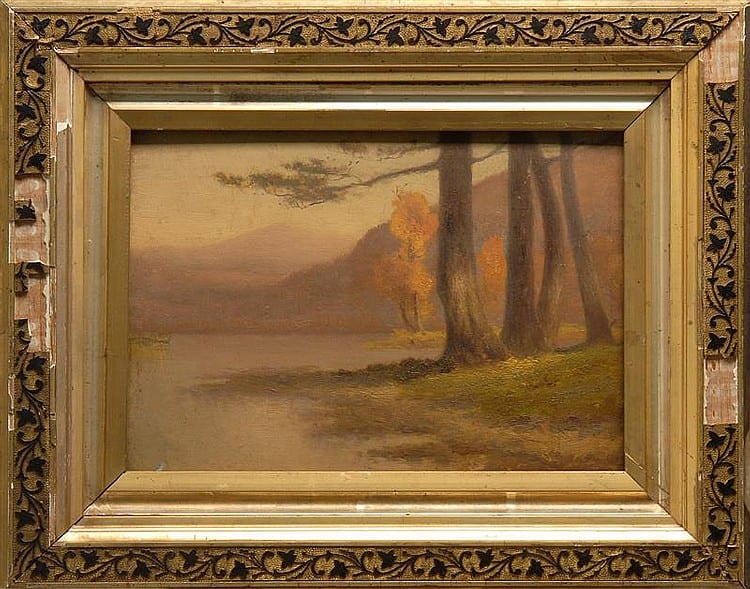 FRAMED PAINTING: BRYANT CHAPIN (American, 1859-1927). Autumn lake landscape with hills in the distance. Unsigned. Stamped "Estate of... sold by Eldred's, lot 168 — auction record photograph