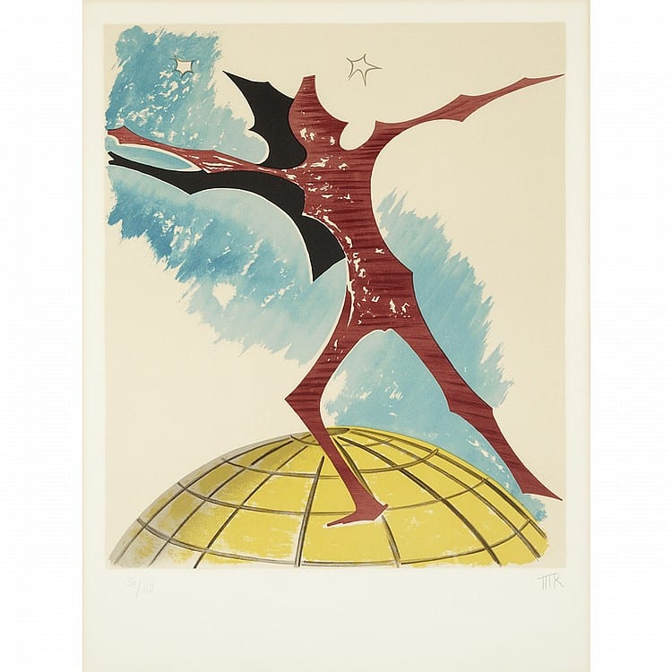 Color abstract print showing a dark bird-like silhouette over blue wave shapes and a yellow dome grid at the bottom.