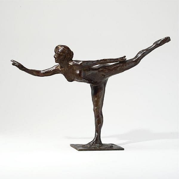 Edgar Degas , 1834-1917 Arabesque sur la jambe droite, le bras gauche dans la ligne Bronze, brown patina sold by Sotheby's, lot 208 — auction record photograph