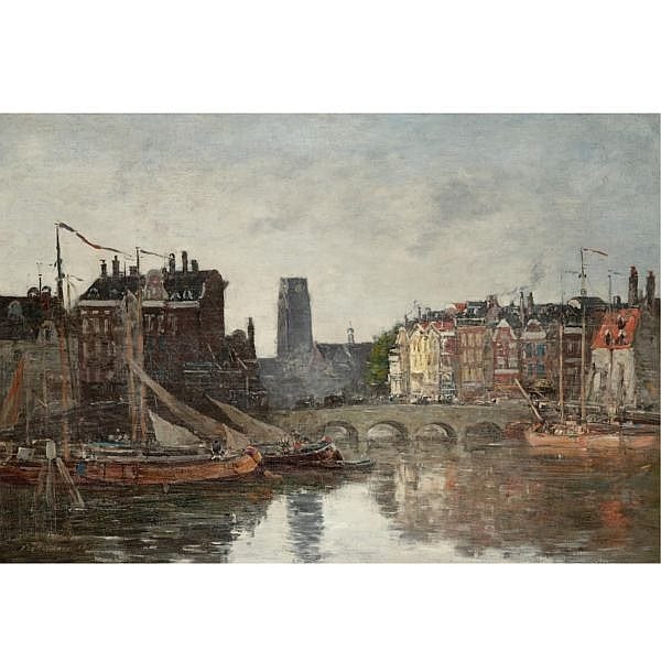 Eugène Boudin , 1824-1898 ROTTERDAM, LE PONT DE LA BOURSE Oil on canvas sold by Sotheby's, lot 150 — auction record photograph