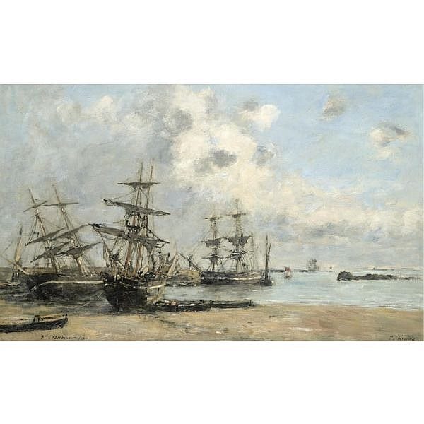 Eugène Boudin , 1824-1898 PORTRIEUX, BATEAUX DANS LE PORT Oil on canvas sold by Sotheby's, lot 156 — auction record photograph