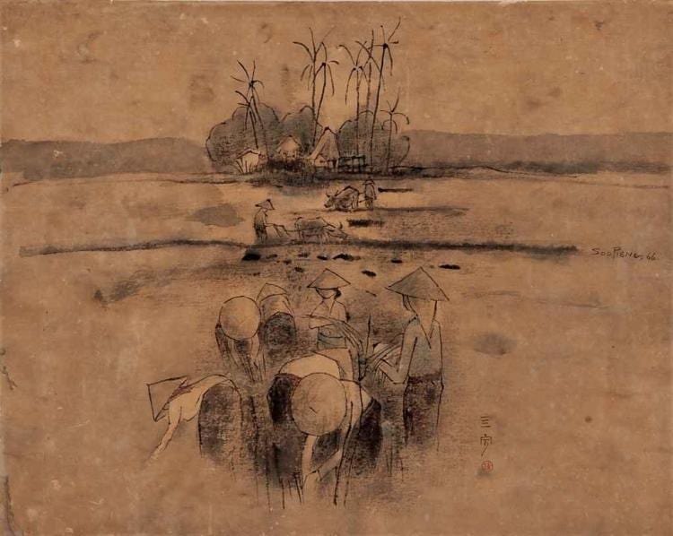 Watercolor-style drawing of people in conical hats near a body of water, with reeds and a small boat in the background.