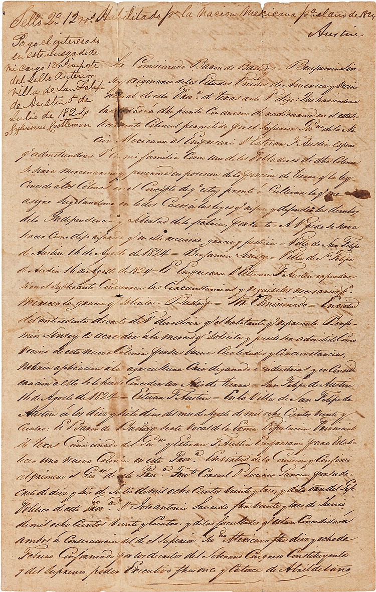 Stephen F. Austin Colony 1824 Land Grant Signed sold by Heritage Auctions, lot 53007 — auction record photograph