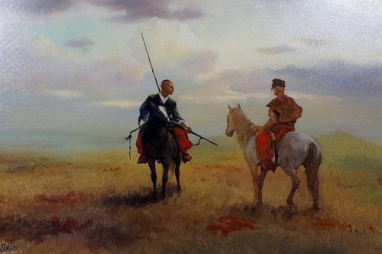 David Jean comparable auction result: david jean on the planes with native indian and cavalry scout on horsebac