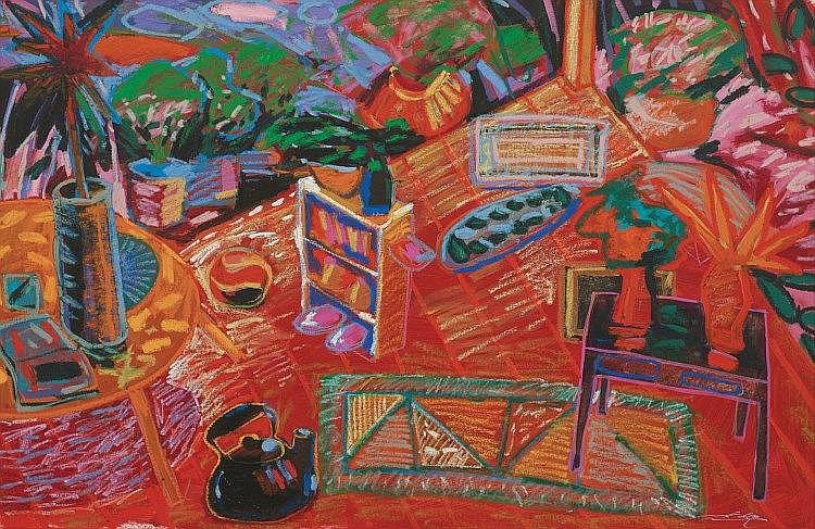 RAFIEE GHANI (b. 1962), Red Room, Black Kettle and a Tired Man, 1996, Oil on canvas sold by Henry Butcher Art Auctioneers, lot 82 — auction record photograph
