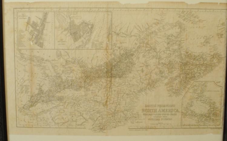 Sepia antique-style map showing regions labeled across North America, with decorative cartouche in the lower right.