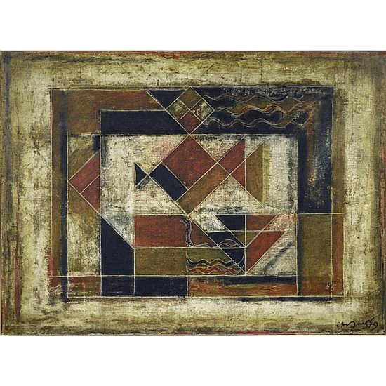 Akkitham Narayanan comparable auction result: akkitham narayanan n en 1939 composition g om trique 1979huile sur toilesign e et dat e 79 en bas droite97 130 cm