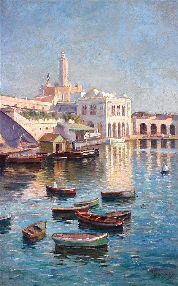 Gustave Lemaître comparable auction result: gustave lema tre 1862 1920 barques devant l amiraut d alger boats in the port of algiers huile sur toile sign e en bas droite