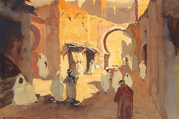 Albert H. Schmidt comparable auction result: albert h schmidt 1883 1970 rue anim e marrakech animated street in marrakech gouache sur papier sign en bas gauche quelque