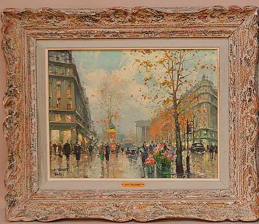 Jean Salabet (French 1900 - ) oil on canvas Painting, "Paris Street Scene", canvas size 10-1/2 x 13-3/4" sold by Bill Hood & Sons Arts & Antiques Auctions, lot 236 — auction record photograph