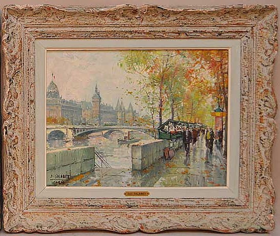 Jean Salabet (French 1900 - ) oil on canvas Painting, "Paris Street Scene", canvas size 10-1/2 x 13-3/4" sold by Bill Hood & Sons Arts & Antiques Auctions, lot 235 — auction record photograph