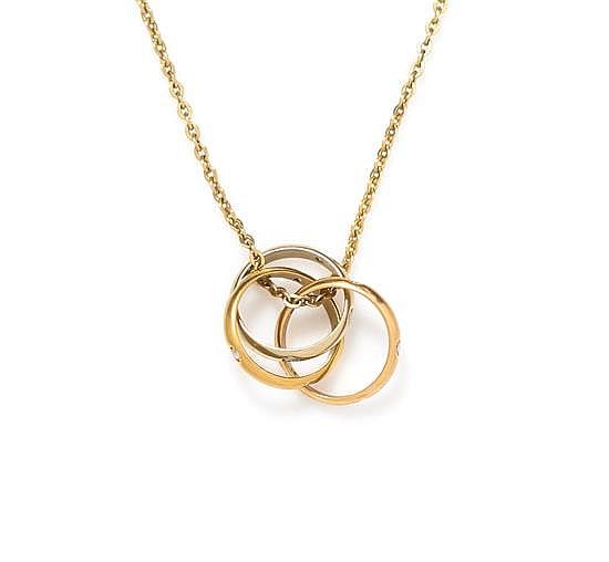 An 18 Karat Tri-Color Gold and Diamond Trinity Rolling Ring Necklace, Cartier, 3.00 dwts. sold by Hindman, lot 947 — auction record photograph
