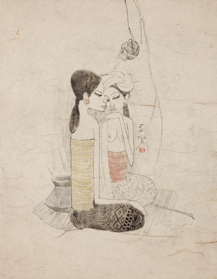 Pencil sketch of two women seated closely together, one with a raised arm holding a brush or pole; minimal lines on a light background.