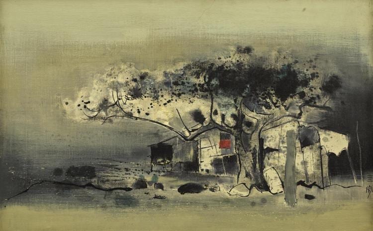 Abstract landscape painting with pale background, ink-like trees, and small dark houses along a horizon.