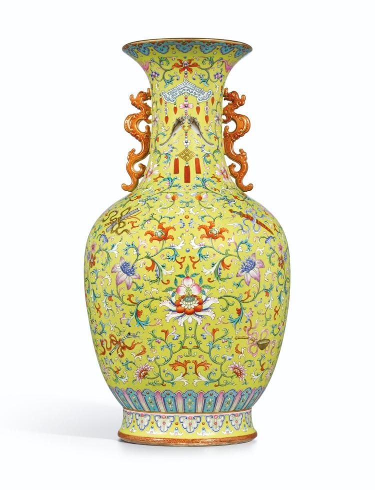 A Magnificent And Monumental Yellow-Ground Famille-Rose 'ANBAXIAN' SGRAFFIATO VASE WITH DRAGON HANDLES SEAL MARK AND PERIOD OF QIANLONG | comparable sale