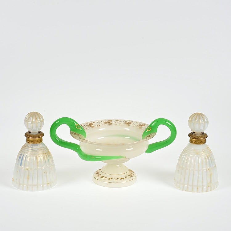 French bronze mounted opaline glass bottles and compote sold by Millea Bros Ltd, lot 1370 — auction record photograph
