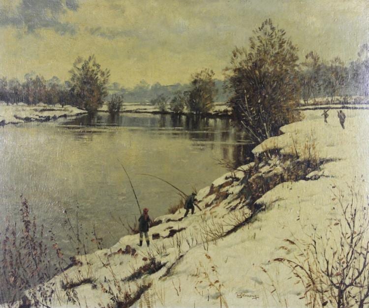 Walter Robin Jennings comparable auction result: walter robin jennings b 1927 oil on board winter fishing signed 49cm x 59cm