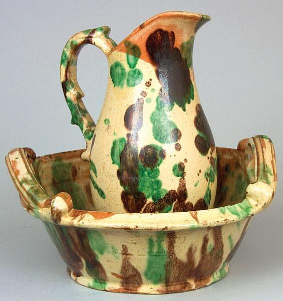 Rare Multi-Glazed Redware Pitcher and Bowl Set sold by Crocker Farm, lot 193 — auction record photograph