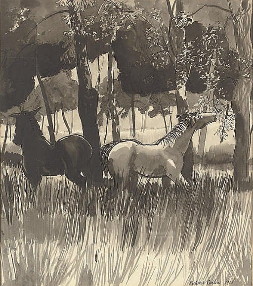 Richard Carline comparable auction result: two horses grazing in the meadow