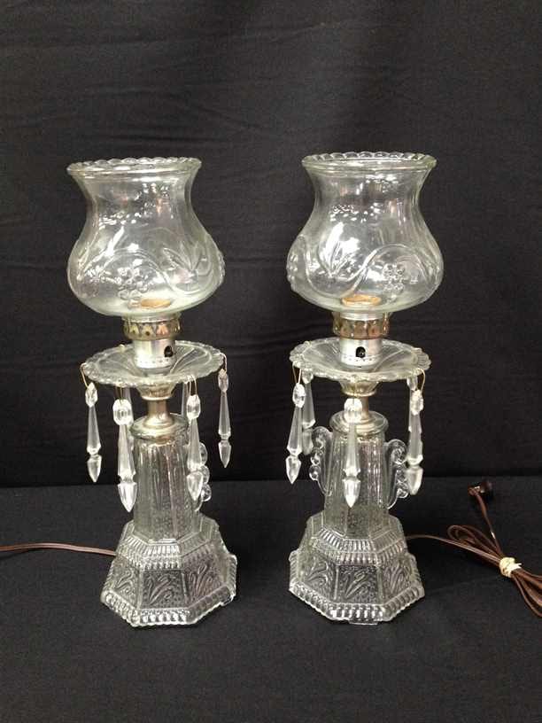 Vintage Pair of Pressed Glass Electric Hurricane Lamps. sold by Complete Auctions LLC, lot 209 — auction record photograph