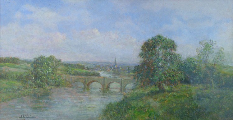 Walter Goodin comparable auction result: walter goodin 1907 1992 river landscape scene with an arched bridge in