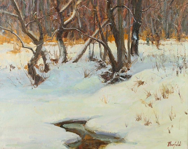 gerald lydon merfeld american b 1936 a winter walk signed lower right also signed titled and dated 2 73 verso oil on canvas · Sloans & Kenyon · 2015-04-25 Gerald Lydon Merfeld comparable auction result: gerald lydon merfeld american b 1936 a winter walk signed lower right also signed titled and dated 2 73 verso oil on canvas