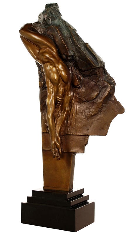 Bronze sculpture of a human torso and raised arm on a dark rectangular base, shown in three-quarter view against a white background.