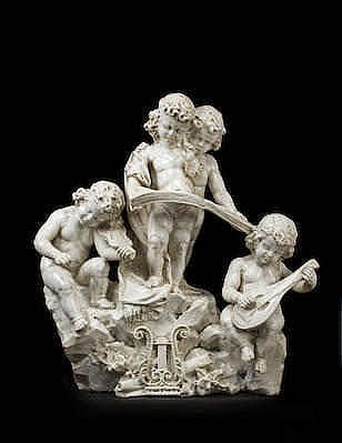 Marble sculpture grouping of four putti, including one seated figure with three smaller children playing instruments, against a dark background.
