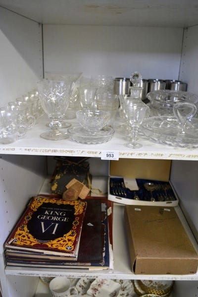 2 x shelves: crystal & steel glassware etc incl. sold by Bargain Hunt Auctions, lot 953 — auction record photograph