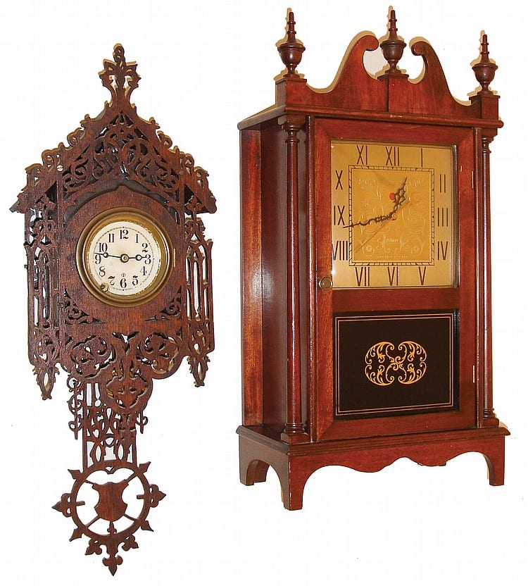 Clocks- 3 (Three): (1) 30 hours, spring brass movement fretwork wall timepiece. (2) Nutone Corporation, Cincinnati, OH, Electric clock and door bell in the form of a Pillar & Scroll shelf clock; (3) Seth Thomas Clock Co., Thomaston, Conn., "Column" sold by Schmitt Horan & Co., lot 640 — auction record photograph