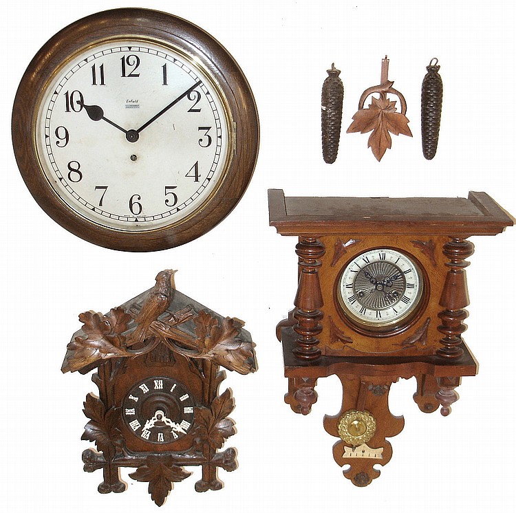 Clocks- 5 (Five) antique clocks: French Morbier, 8 days, time and strike, ebonized wall clock with mother-of-pearl inlay and alabaster dial, c1890; Junghans walnut, 8 days, time and strike, spring-wound wall clock, c1900; German open-well walnut, 8 sold by Schmitt Horan & Co., lot 682 — auction record photograph