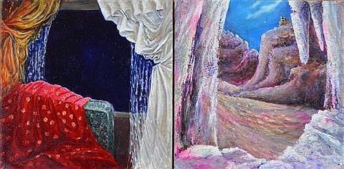 Margaret Morgan comparable auction result: margaret morgan 1958 a lovers discourse diptych each 45 x 45cm