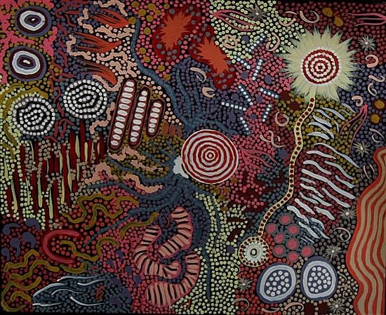 Colorful Aboriginal-style dot painting with circular and striped patterns, including wavy and floral-like motifs across a dark background.