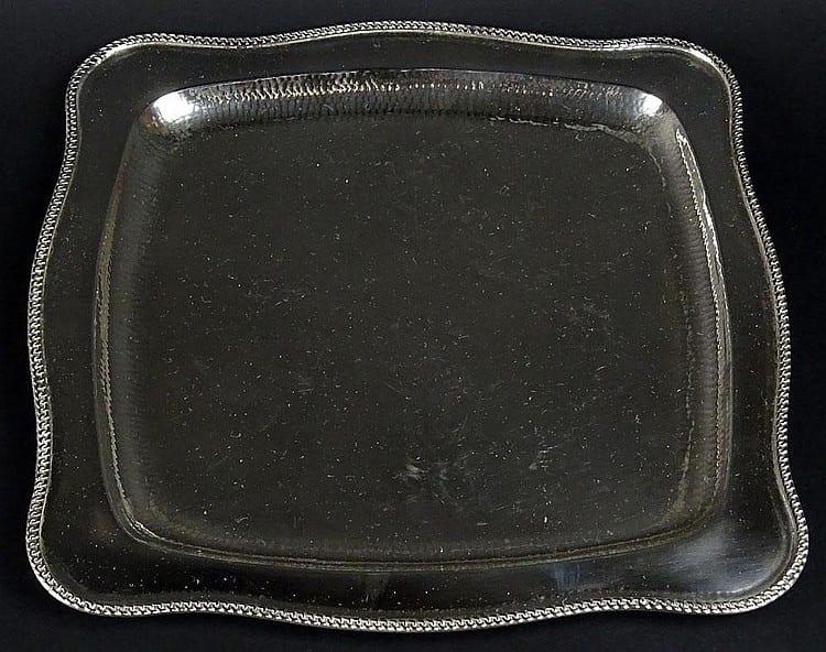 Sterling Silver Tray. Hammered, Gadrooned Rim. Signed 925. Measures 10 Inches Square and Weighs Approx. 10.48 Troy Ounces. Shipping $55.00 sold by Kodner Galleries, lot 165 — auction record photograph