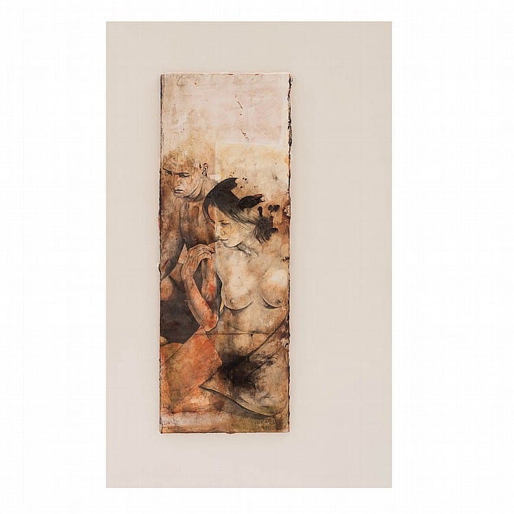 Roberto Cortázar comparable auction result: roberto cort zar dos figuras habitan la obra firmado y fechado 2001 mixta sobre madera en bastidor de fibracel 95 x 58 cm