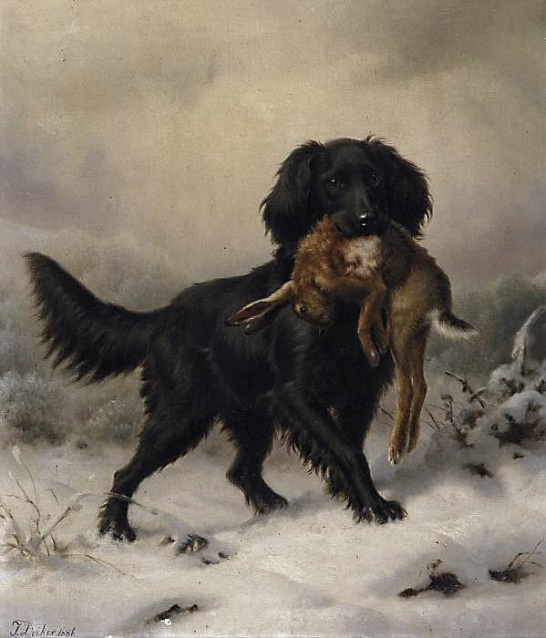 Johannes Deiker comparable auction result: black setter fetching hare in a winterly landscape