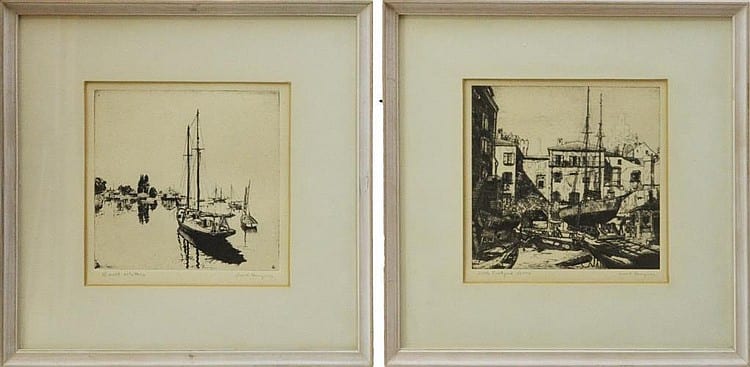 Two framed black-and-white etchings of harbor scenes with boats and buildings, shown side by side.