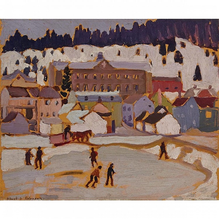 Albert Henry Robinson comparable auction result: albert henry robinson r c a skating after school oil on panel 11 25 ins x 13 ins 26 7 cms x 33 cms